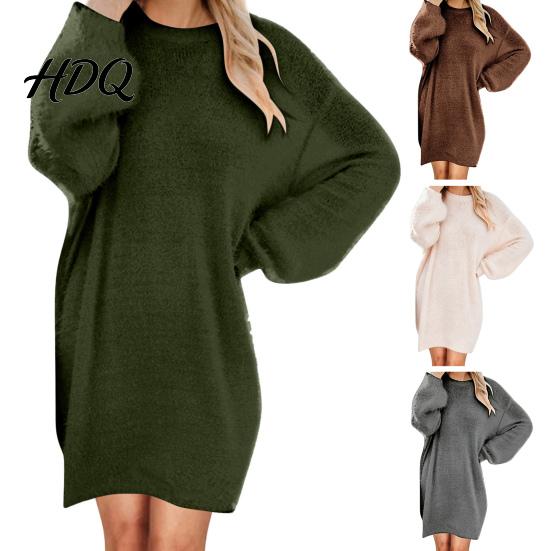 Comfortable Women Fall Outfits Mini Oversized Sweater Dress Long Sleeve Round Neck Knit Pullover Solid Color Tunic Dress Top Winter Loose
