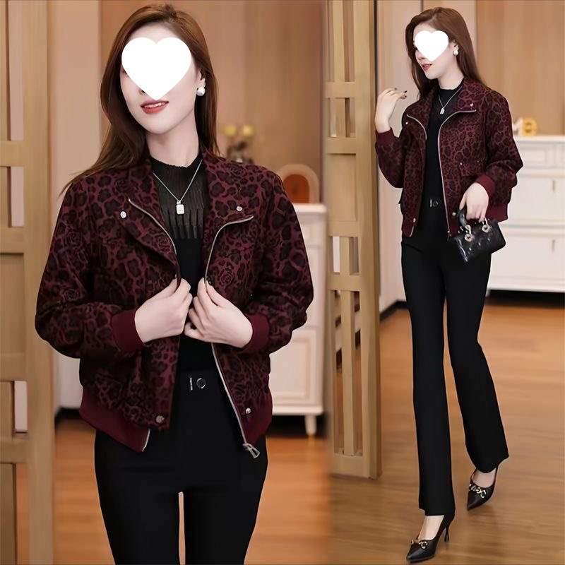 2025 Autumn/Winter Women's Leopard Print Slim Fit Casual Jacket with Plus Velvet