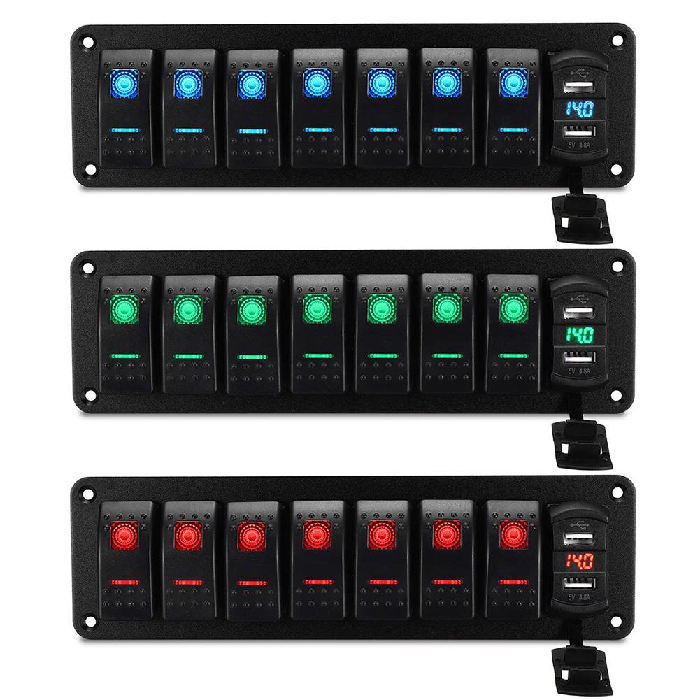 LED IP67 Waterproof Marine Boat Rocker Switch Panel 8 Gang Rocker Switch Panel Kit 12V/24V Circuit Breaker Dual USB Slots Light