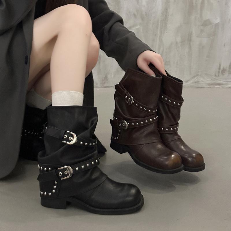 Women'S Shoes New Early Autumn Retro Metal Adjustable Height Increase Soft Dough Old Style Short Tube Western Knight Boots Women