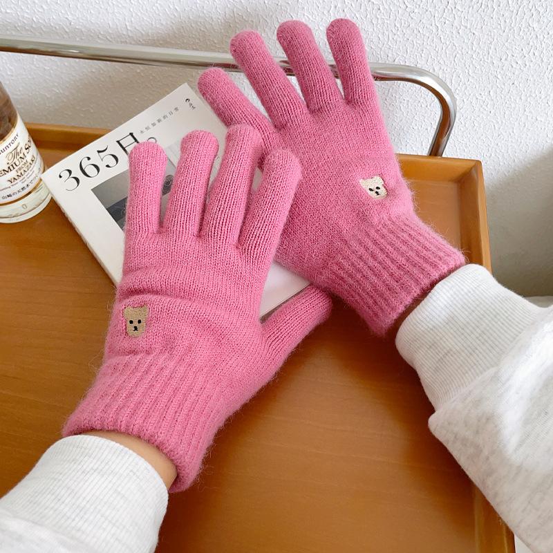 Bear knitted wool gloves winter warm touch screen cute solid color embroidery split finger opening leak finger tide