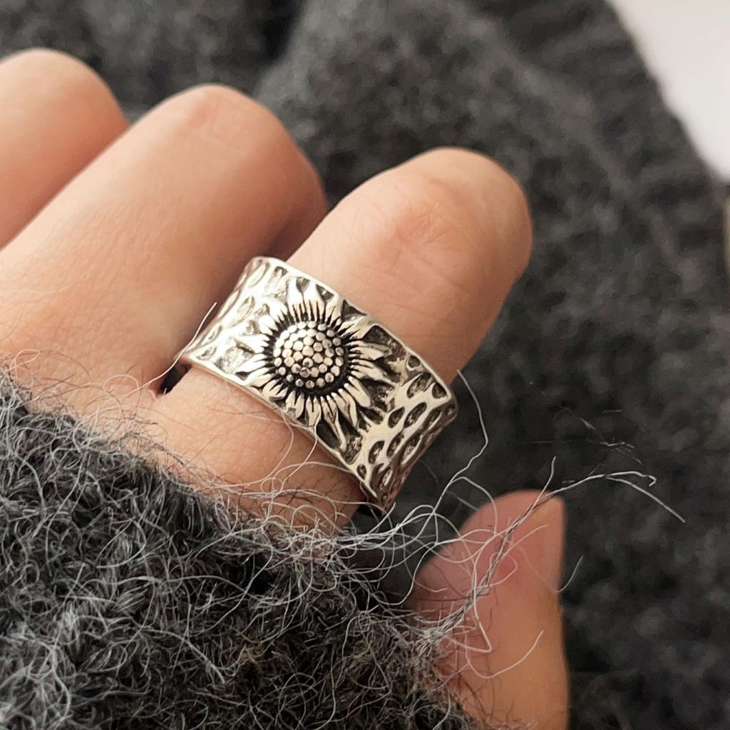 925 Sterling Silber Ringe für Damen Geometrischer Feinschmuck Fingerverstellbar Einfacher Retro Blumenring für Party Geburtstagsgeschenk
