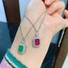 Retro Square Emerald Pendant Simulation Pigeon Blood Red Treasure Necklace Jewelry Accessories Set