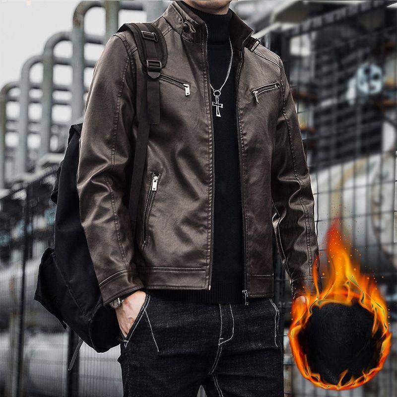 Men's Leather Jacket Spring and Autumn Thin Short Trendy Handsome Locomotive Leather Jacket Autumn and Winter Velvet Thickened Men's Jacket