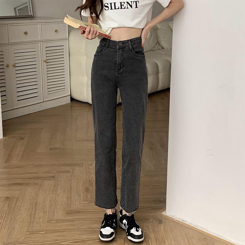 

Сине-серые узкие прямые джинсы с высокой талией для женщин - эластичные брюки-сигареты с необработанным краем на осень/зиму (Маленький размер) 30