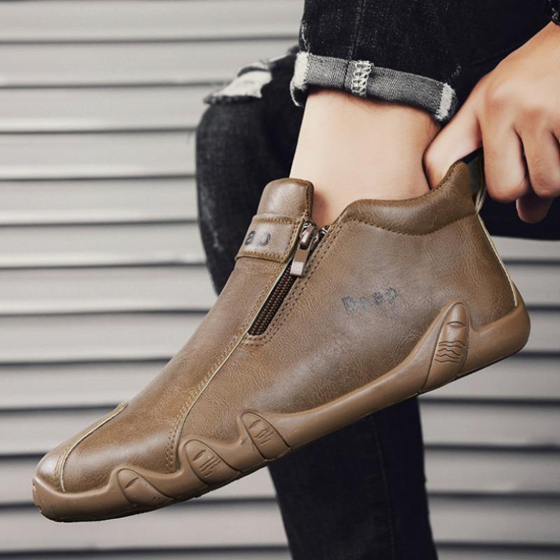 Side Zippers Men Shoes Fashion Breathable Flat Shoe High-top Leather Casual Shoes Solid Color Outdoor Walking Shoe Sneakers Male