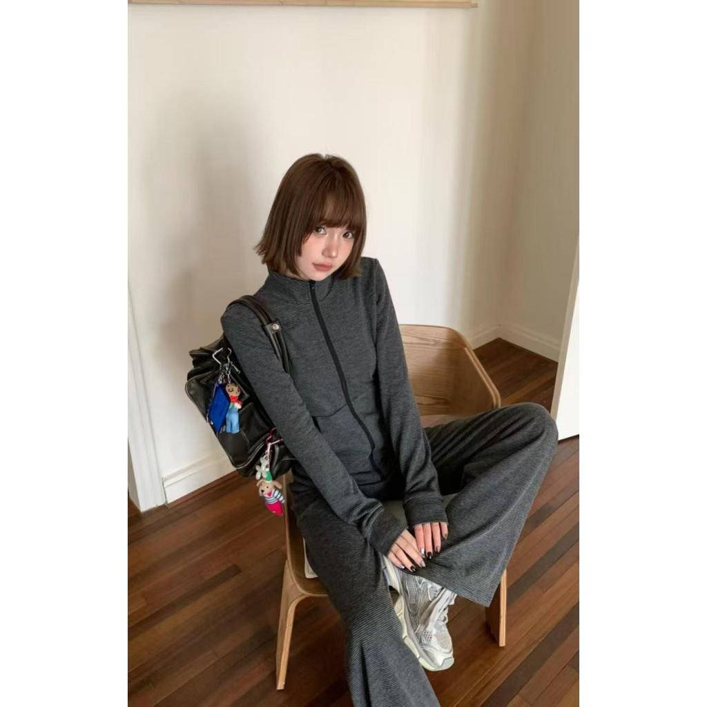 European-Style Spring 2025 Women's Tracksuit: Cardigan Jacket & High-Waisted Wide-Leg Pants Set