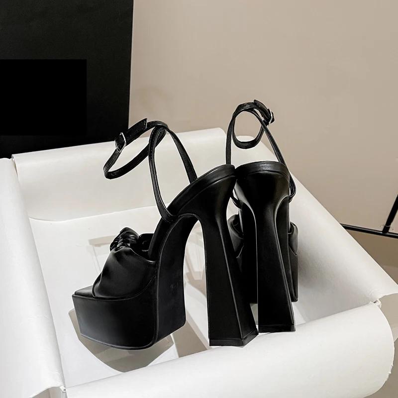 Fashion Eilyken Designer Pleated Square Toe Sandals Women's Banquet Party High Heels Shoes Fashion Platform Buckle Strap Pumps