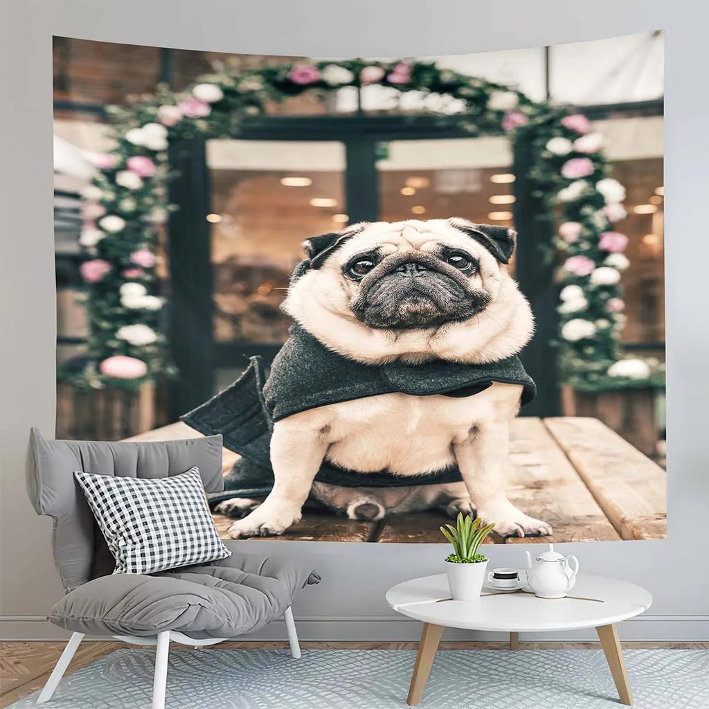 Pug Dog Tapestry Cute Black Animals Tapestry Autumn Fallen Leaves Tapestry Home Living Room Bedroom Wall Modern Art Tapestries