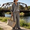 Damer Sommar Bomull Linne 2-delade Outfits Casual 3/4 Ärm Pullover Topp Och Vida Byxor Set Löst Huva Loungeset