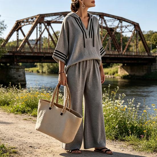 Damer Sommar Bomull Linne 2-delade Outfits Casual 3/4 Ärm Pullover Topp Och Vida Byxor Set Löst Huva Loungeset
