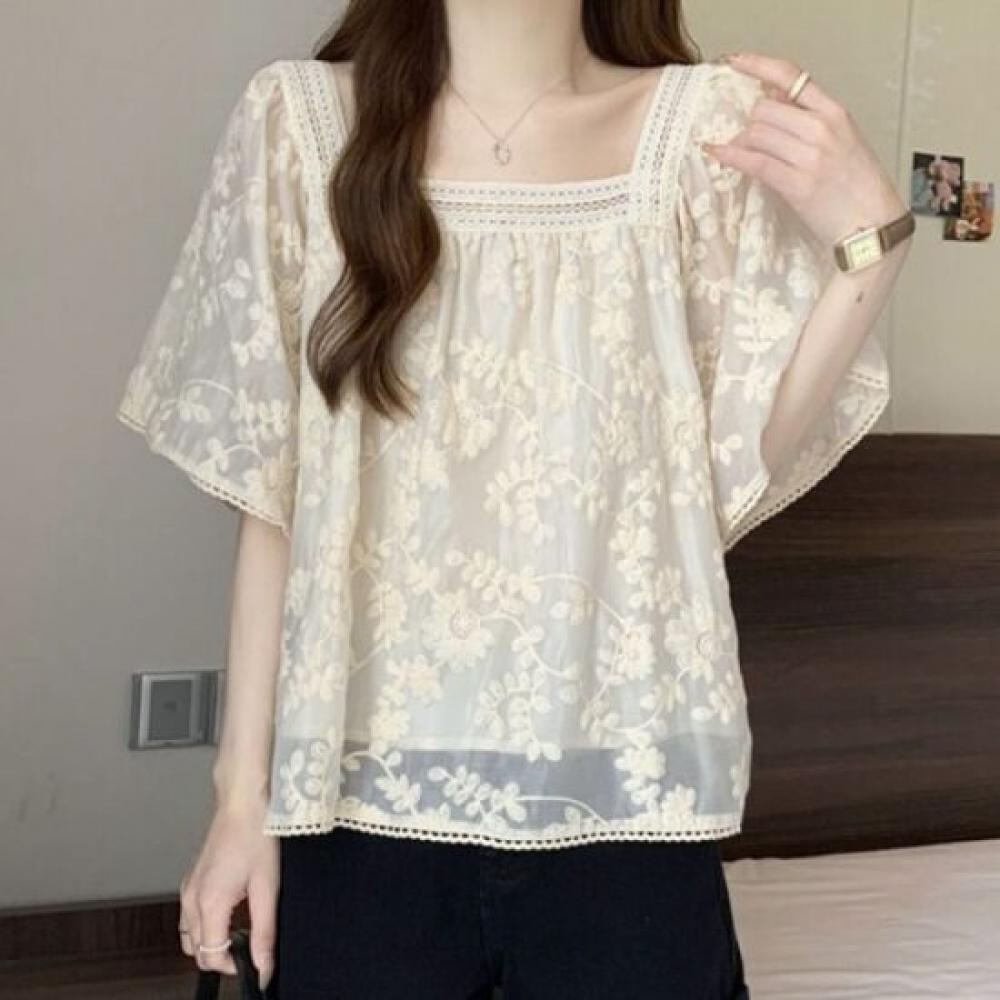 Navava Women Lovely Lace Square Neck Short Sleeve Blouse Nb2693