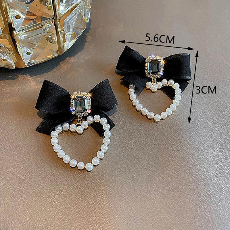 Black Bow Square  Earrings Women Elegant Pearl Heart Jewelry Gifts