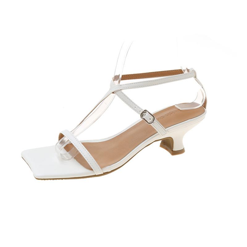 

модные Босоножки на высоком каблуке Женские на толстом каблуке 2024 Лето Фея Стиль Корейская версия Ремешок с пряжкой на одно слово Открытый носок Квадратный носок Босоножки 39 белый