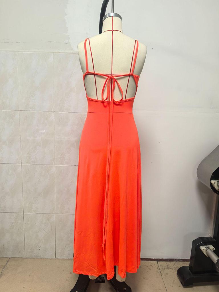 Summer 2025 Sleeveless V-Neck Backless Lace-Up Slit Maxi Dress for Women