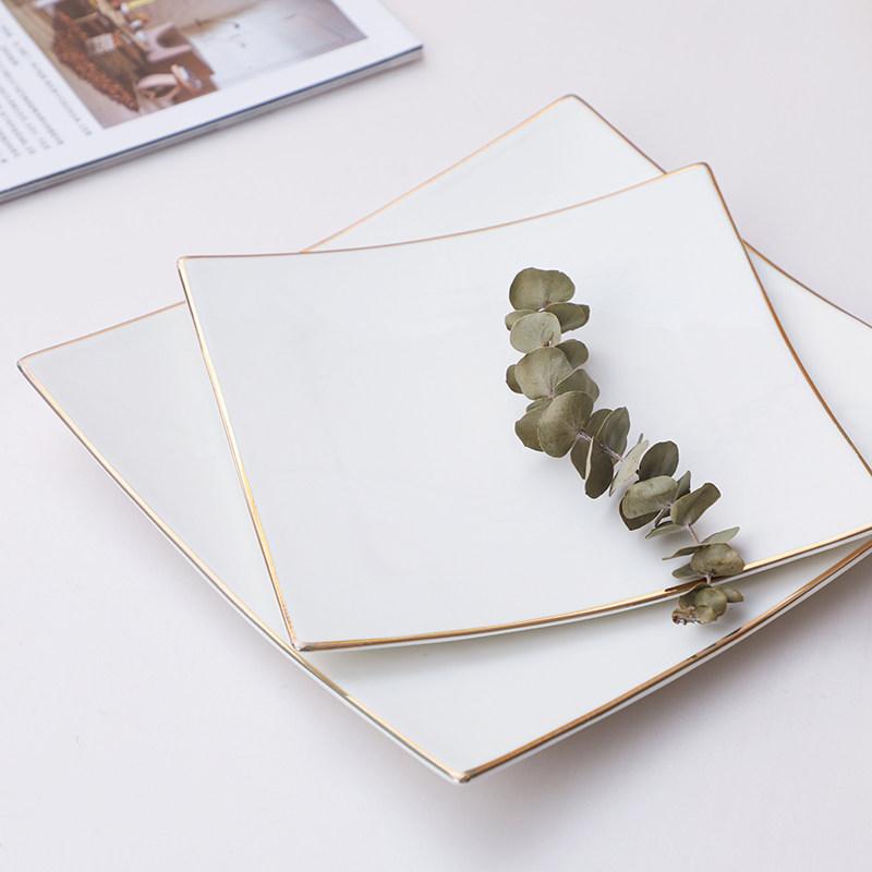 White Gold Ceramic Plate Square Tableware Western Steak Salad Tray Main Course Decorative Tableware Household Tray