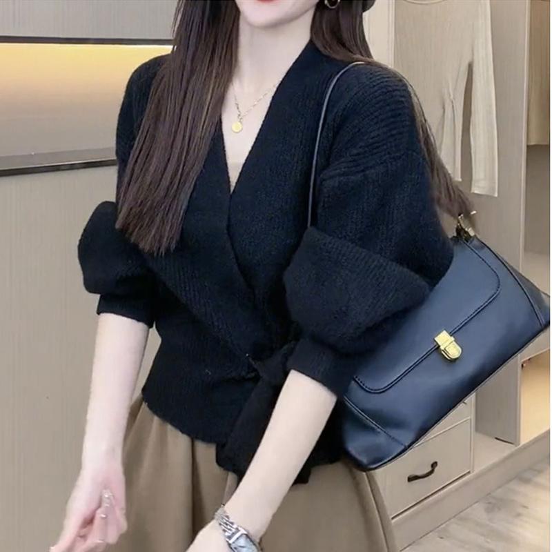 Advanced Sweater Knitwear Women Knitted Cardigan Fall Winter Tie V-neck Sweet Short Long-sleeved Knitted Tops