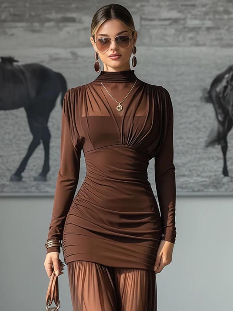 Autumn 2025 European & American Style Long Sleeve Slim Fit Patchwork Chiffon Dress