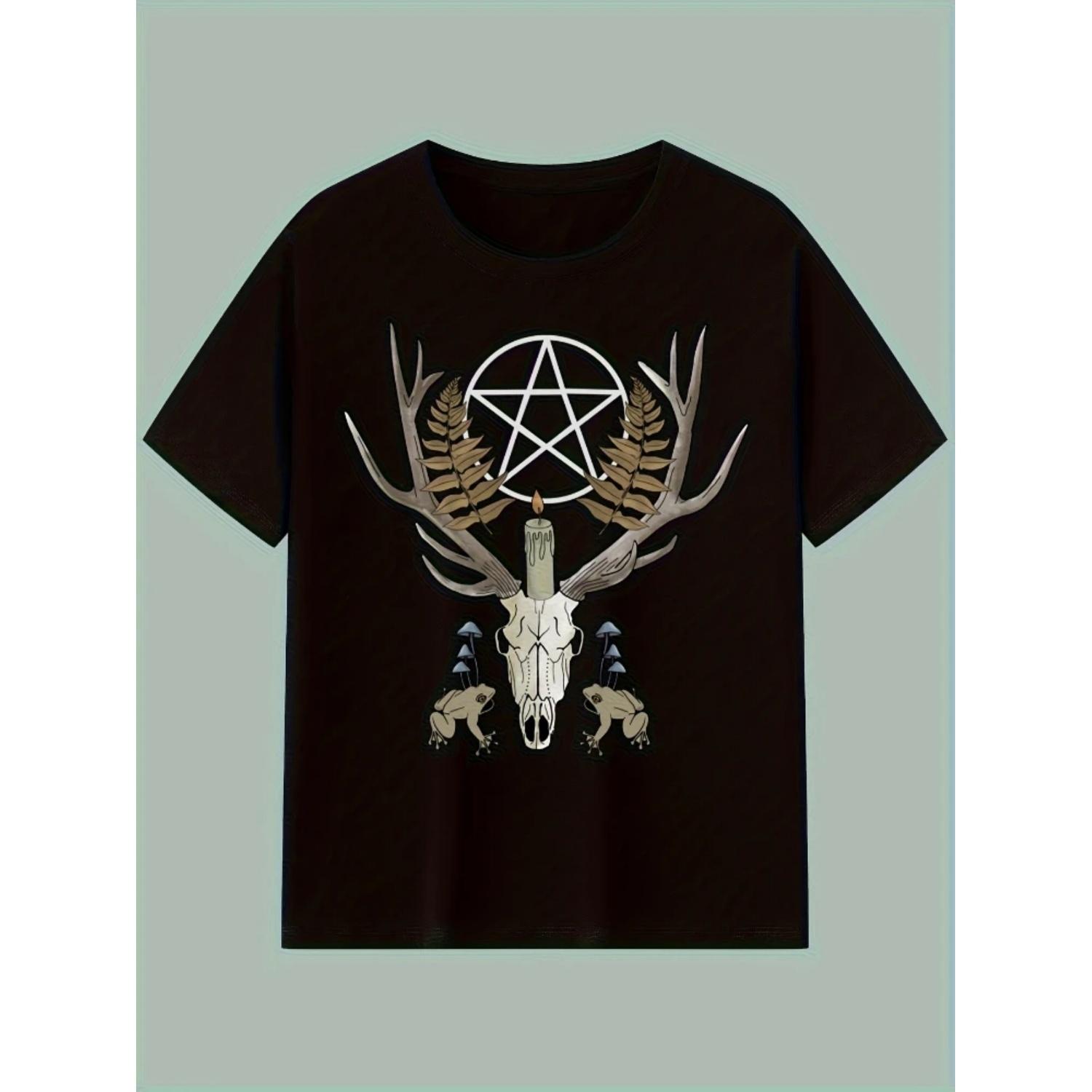 

Gothic Celtic Knot & Pentagram-Deer Head, Stag Skull & Rune design-100% cotton O-neck short sleeve printed men s T-shirt XXXXXL чорний