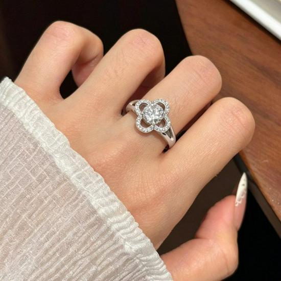 S925 Sterling Silver Four-Leaf Clover Ring with Full Diamonds - Elegant Light Luxury & Versatile Fashion Jewelry