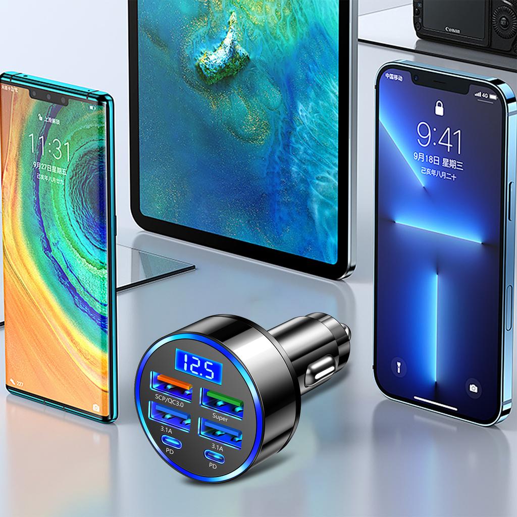 100W 6 Ports USB C Car Phone Charger Adapter 4USB 2PD Cigarette Lighter Adapter Car Charger Adapter for Cell Phones Tablets