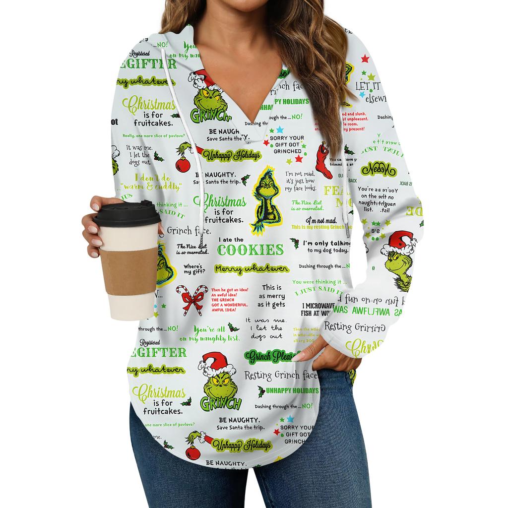 Women's Fashion Hoodies V Neck Long Sleeve Christmas Printed Drawstring Casual Loose Pullover Tops