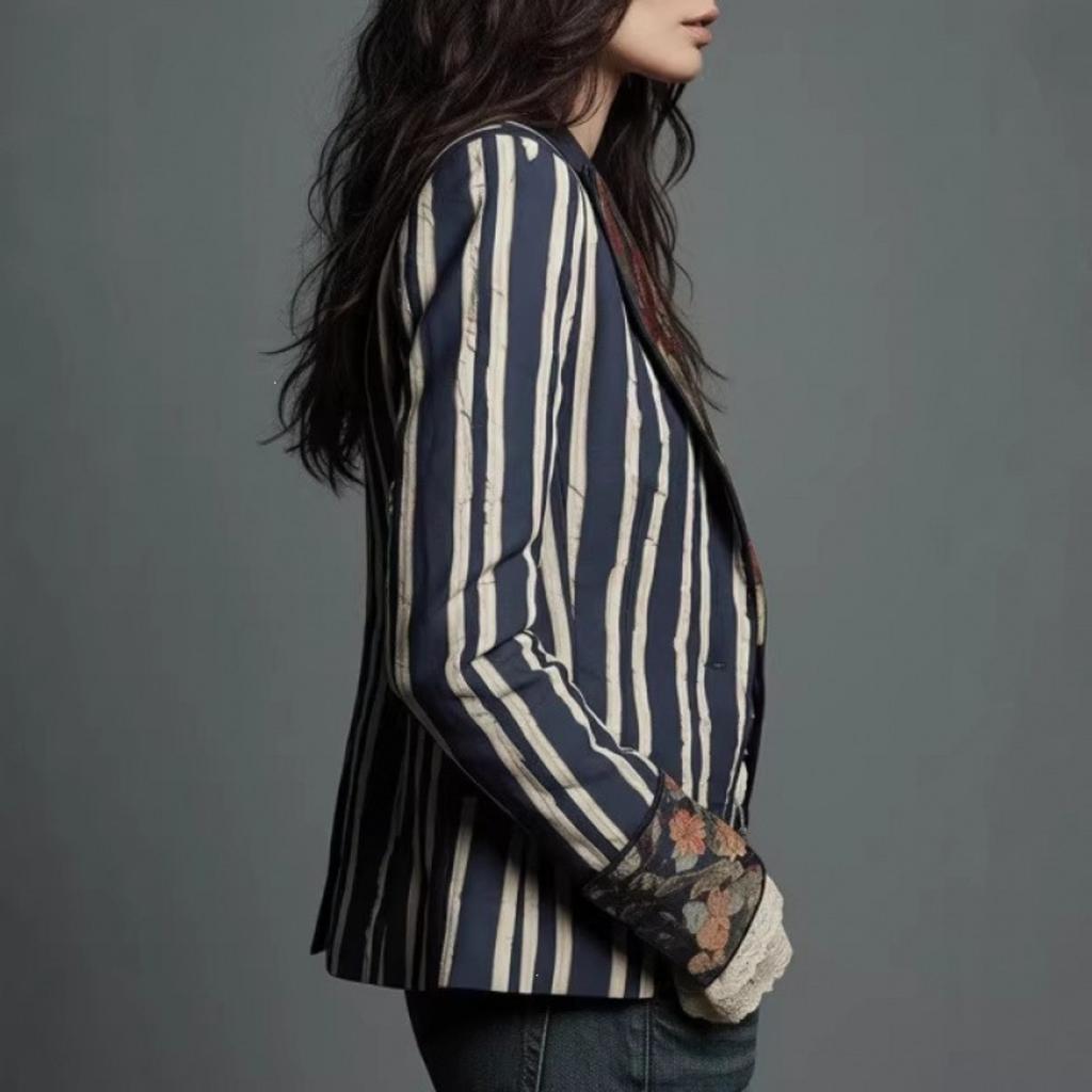 Women's Collared Long Sleeve Striped Blazer Slim Fit Floral Patchwork Casual Open Front Jacket