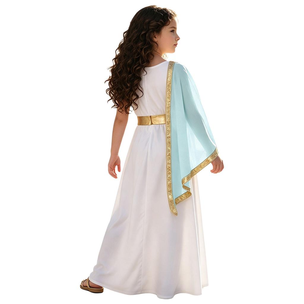 Kids Girls Greek Toga Costume with Shawl Gold Trim Metallic Waist Sleeveless Back Zip Dress for Halloween Themed Cosplay