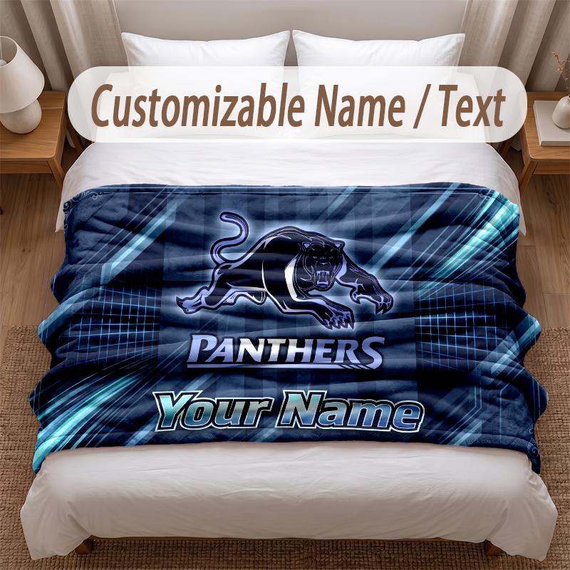 Penrith Panthers Printed Flannel Blanket Custom Name Text Soft Warm Throw For Bedroom Holiday Gift