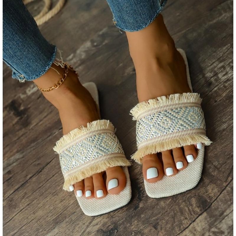 Fashion New Women Summer Straw Woven Casual Slippers Outdoor Espadrille Flip-flops Fashion Flat Ladies Sandals and Slippers Plus Size 43