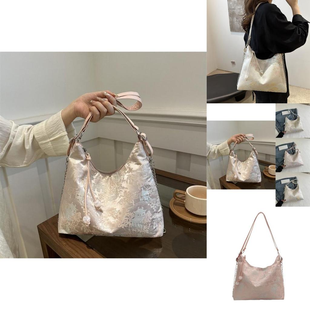 Stylish New Chinese Style Tote Bag For Women Featuring Beautiful Embroidery And Comfortable Shoulder Strap In Soft Beige Blue And Pink Colors