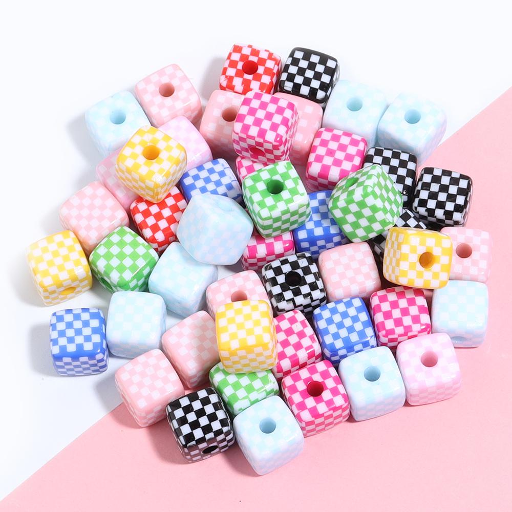10 Piezas 13mm Cuentas Acrílicas Coloridas Patrón de Tablero de Ajedrez Cuentas Cuadradas con Agujero Grande Para Manualidades Pulseras Fabricación Accesorios de Joyería DIY