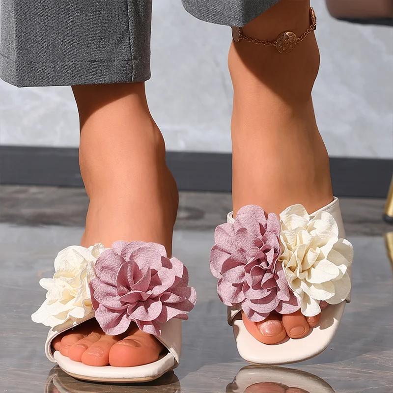 

Fashion High Heels Women Slippers Flower Fashion Pumps Summer Dress Elegant Woman Sandals 2025 New Trend Beach Party Women’s Flip Flops 42 бежевый