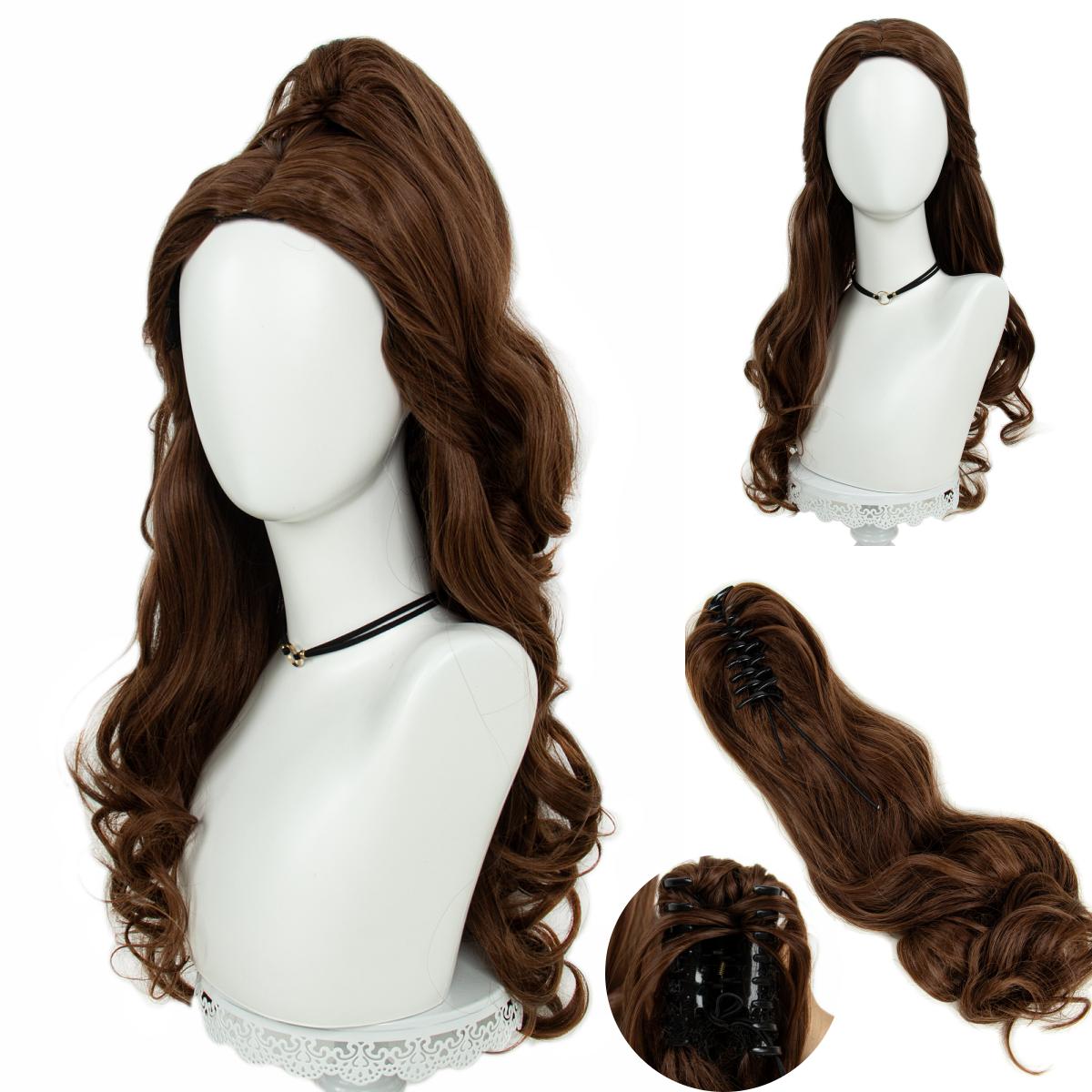 

REEWES Коричневый Длинный Кудрявый Парик с Хвостом Кинокрасавица Белла Парик Костюм на Хэллоуин Вечеринка Аниме Косплей Синтетические Волосы as the picture-2Pcs/Lot