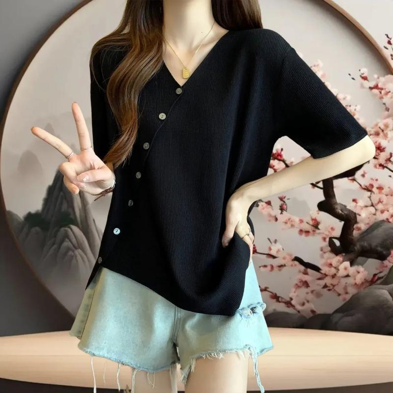 New Chinese Style Women s Short-sleeved T-shirt Summer Loose Irregular Versatile Top M чёрный