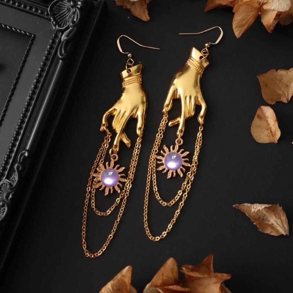 Gotische Hip Hop Goldfarbe Hände Sonne Mikro-Inlay Edelstein Metallkette Quasten Hängeohrringe für Damen Halloween Party Schmuck