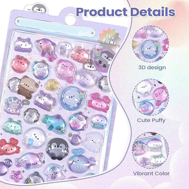 Cute 3D Pukupuku Stickers, Hollow, 3D Bubble Sticker Set, Reward Stickers for Planners and Diaries, Floating Cartoon Style DIY, Sparkly Girl
