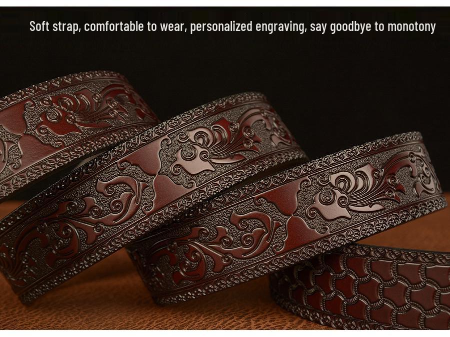 Tiger Engraved Automatic Buckle Cowhide Men's Zodiac Belt - Casual Retro Style