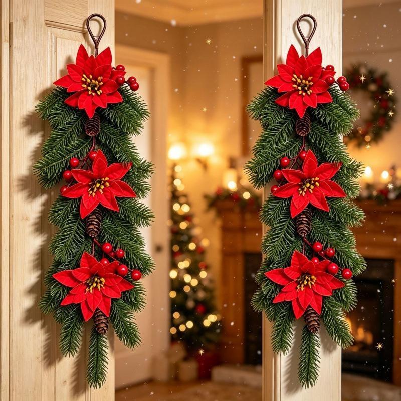 Christmas Teardrop Swag Wreath Artificial Poinsettia Pine Cone Red Berry Hanging Garland For Front Door Wall Home Xmas Decor