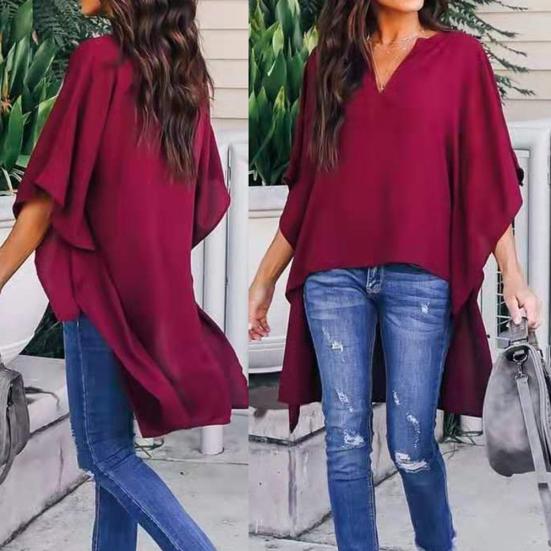 Hemd, große Größe, V-Ausschnitt, Top, Bluse, halb unregelmäßig, ausgestellte Ärmel, locker