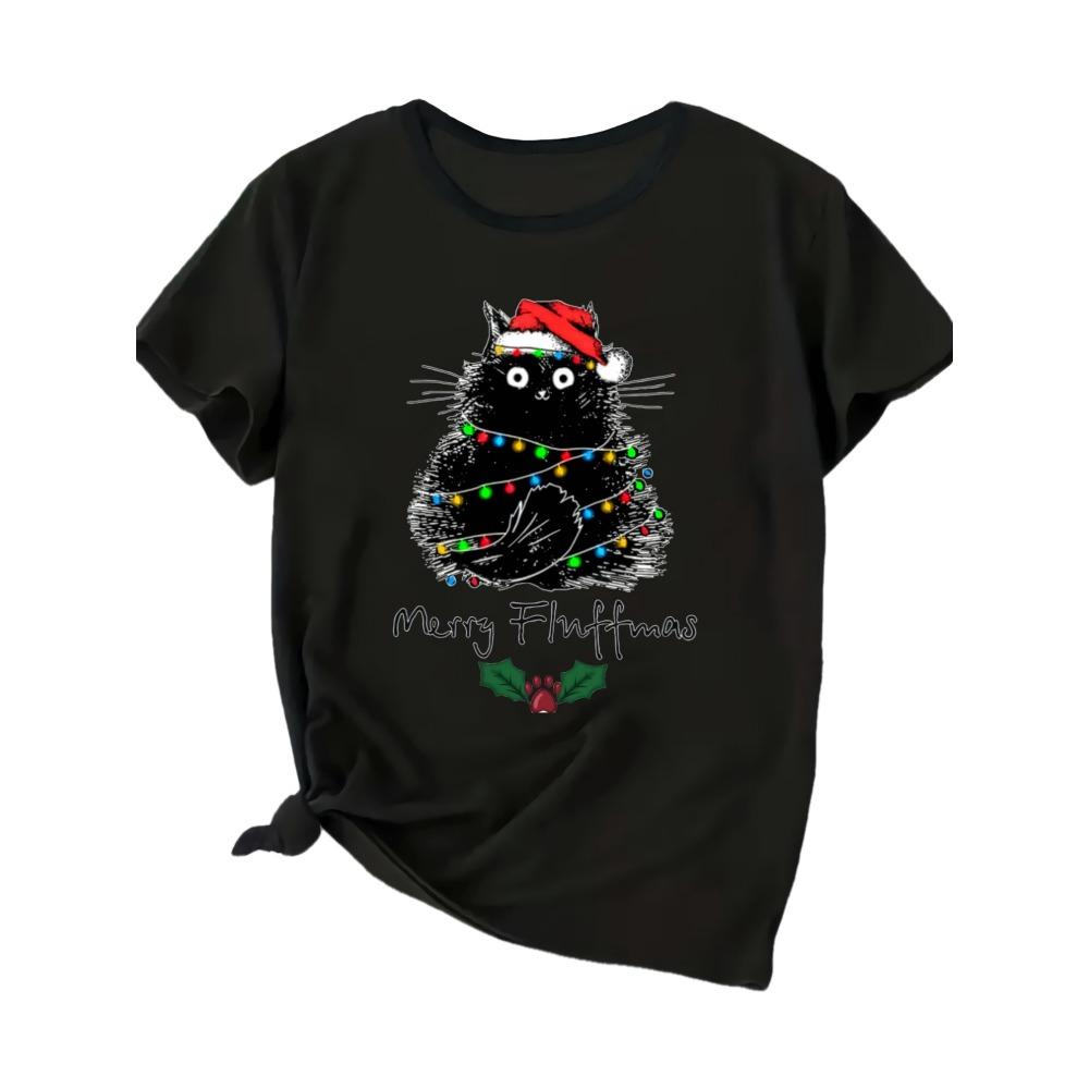 

Large Size Christmas Ladies T-Shirt Cat Print Casual Crew Neck Short Sleeve Top S