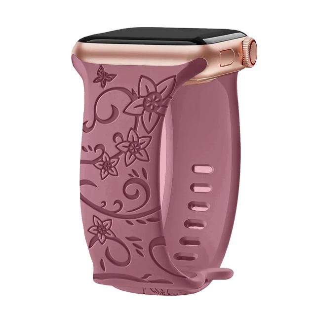 Floral Engraved Strap For Apple Watch Band 40mm 44mm 41mm 49mm 45mm 38mm 42mm Silicone Bracelet Iwatch Series 9 7 Se 6 8 Ultra 2