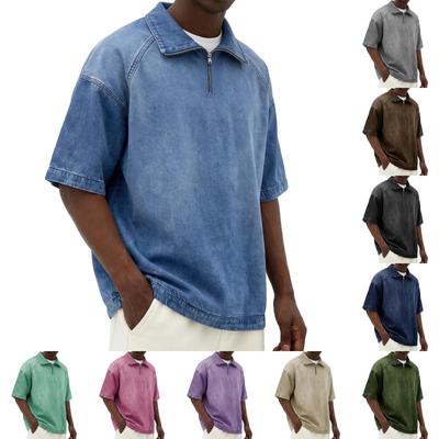 Men's Casual American- Denim-like Fabric Short-sleeved Shirt - Men's Retro Trendy Fitted Collar Zipper Jacket