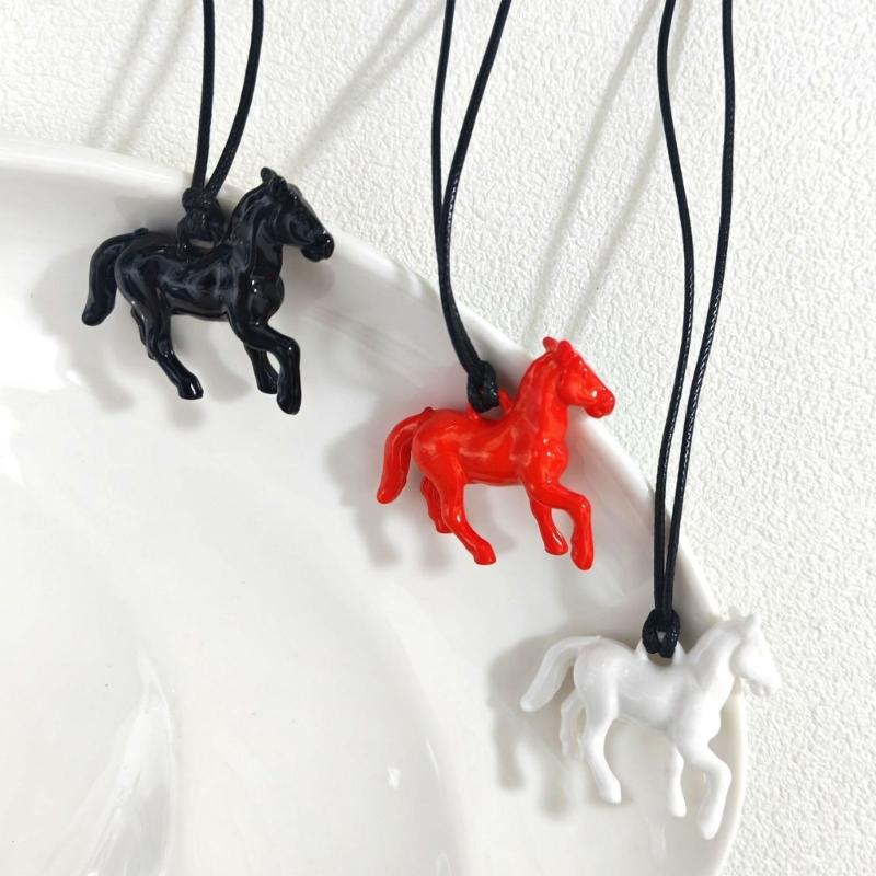 Versatile Long Pendant Necklace Featuring Horse Design In Vibrant Acrylic On Soft Leather Rope for Various Outfits