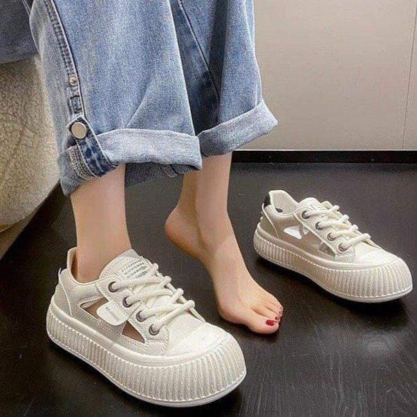 Letní novinka Muffin sušenky Soft Bottom Dámské Boty Studentská móda Vyhloubená Zavazování kolem hlavy Volný čas Bílé boty pro ženy