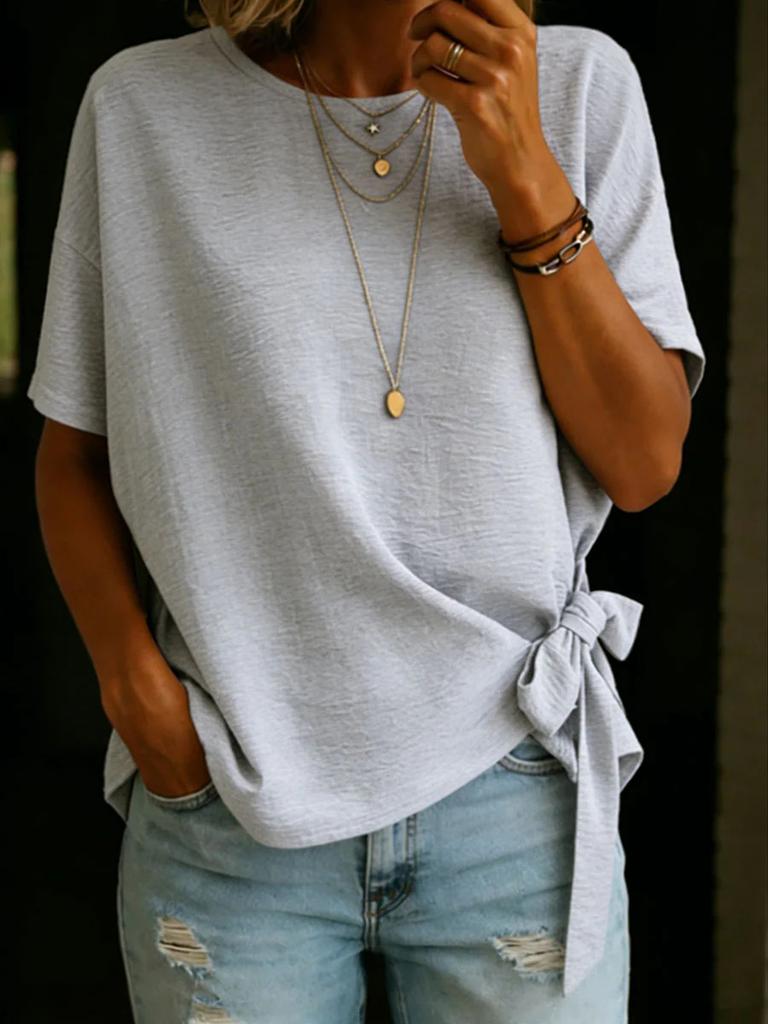 Women's Summer New Solid Color Short Sleeve Loose T-Shirt Top with Frill Hem