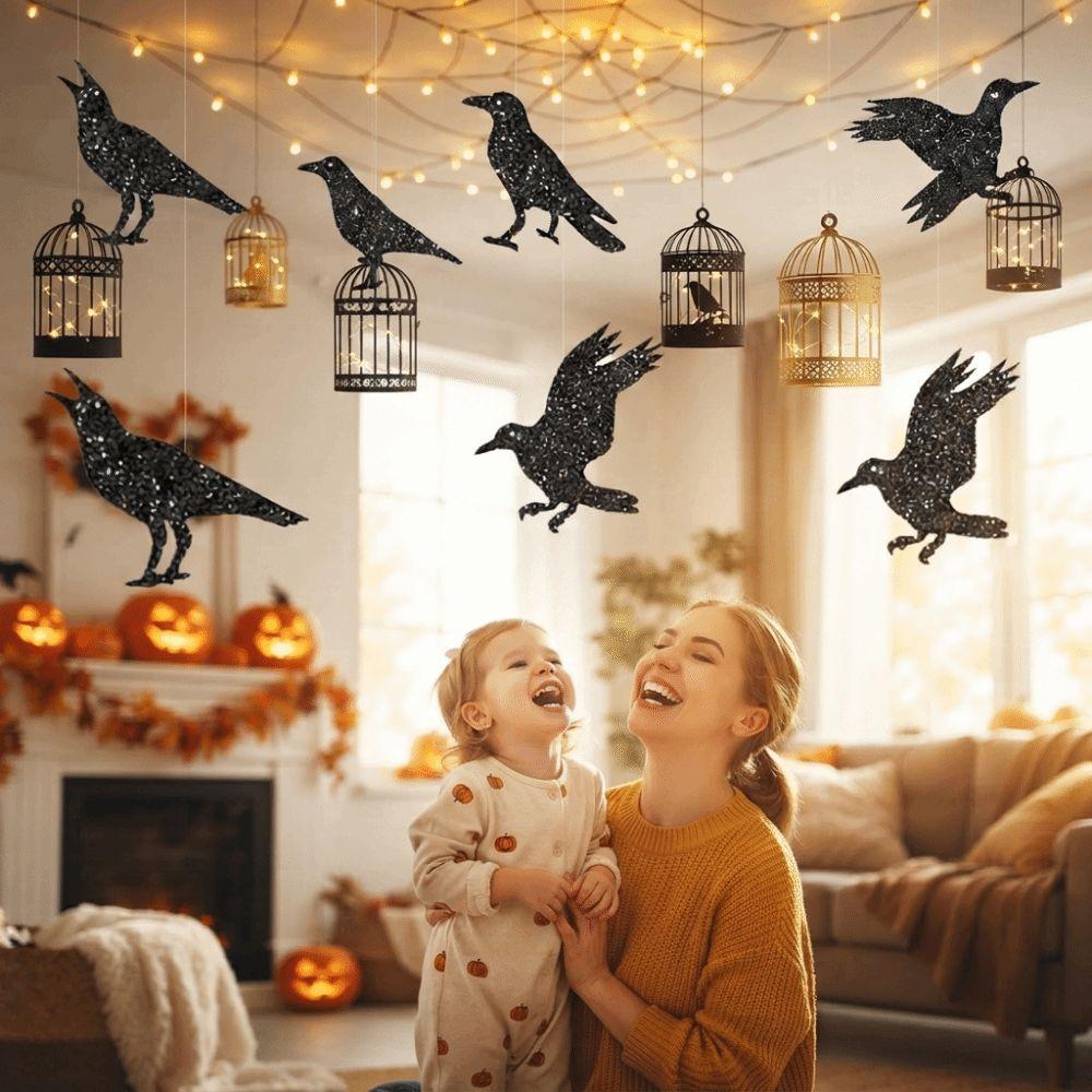 12pcs Thick Paper Black Crow Hanging Decor Dark Glittery Paper Birdcage Pendant Bar Club