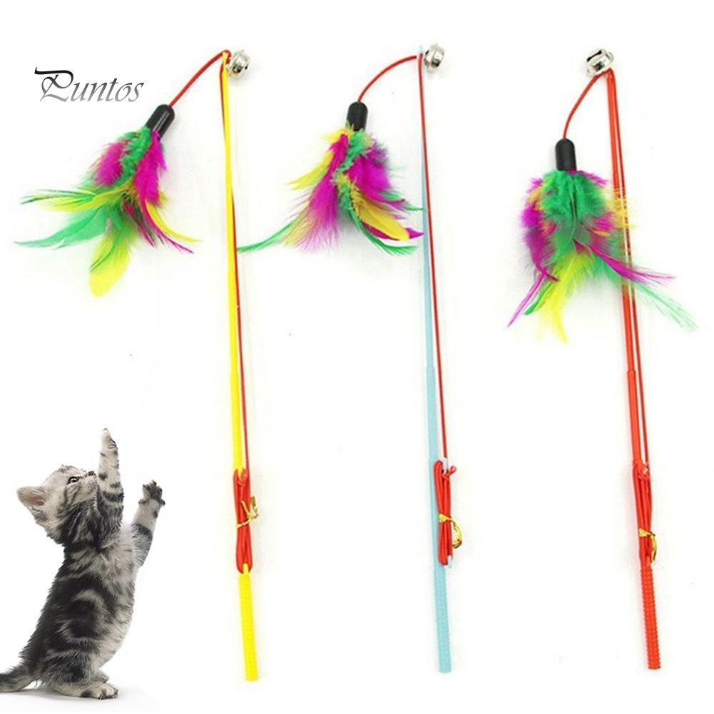 Puntos Pet Cat Puppy Teaser Bell Feather Retractable Stick Rod Funny Interactive Toy