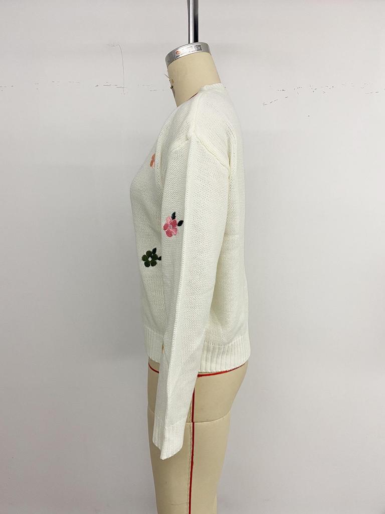 European 2026 Korean-Style Loose Round Neck Sweater with Ribbed Hem & Floral Embroidery for Women, Autumn/Winter Collection.