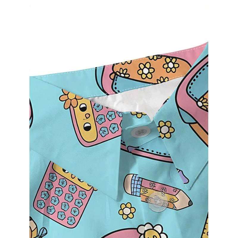 Women's Casual Short-sleeved Button-up Shirt Cartoon Stationery Rainbows Flowers Blue Background Trendy Top Machine Washable